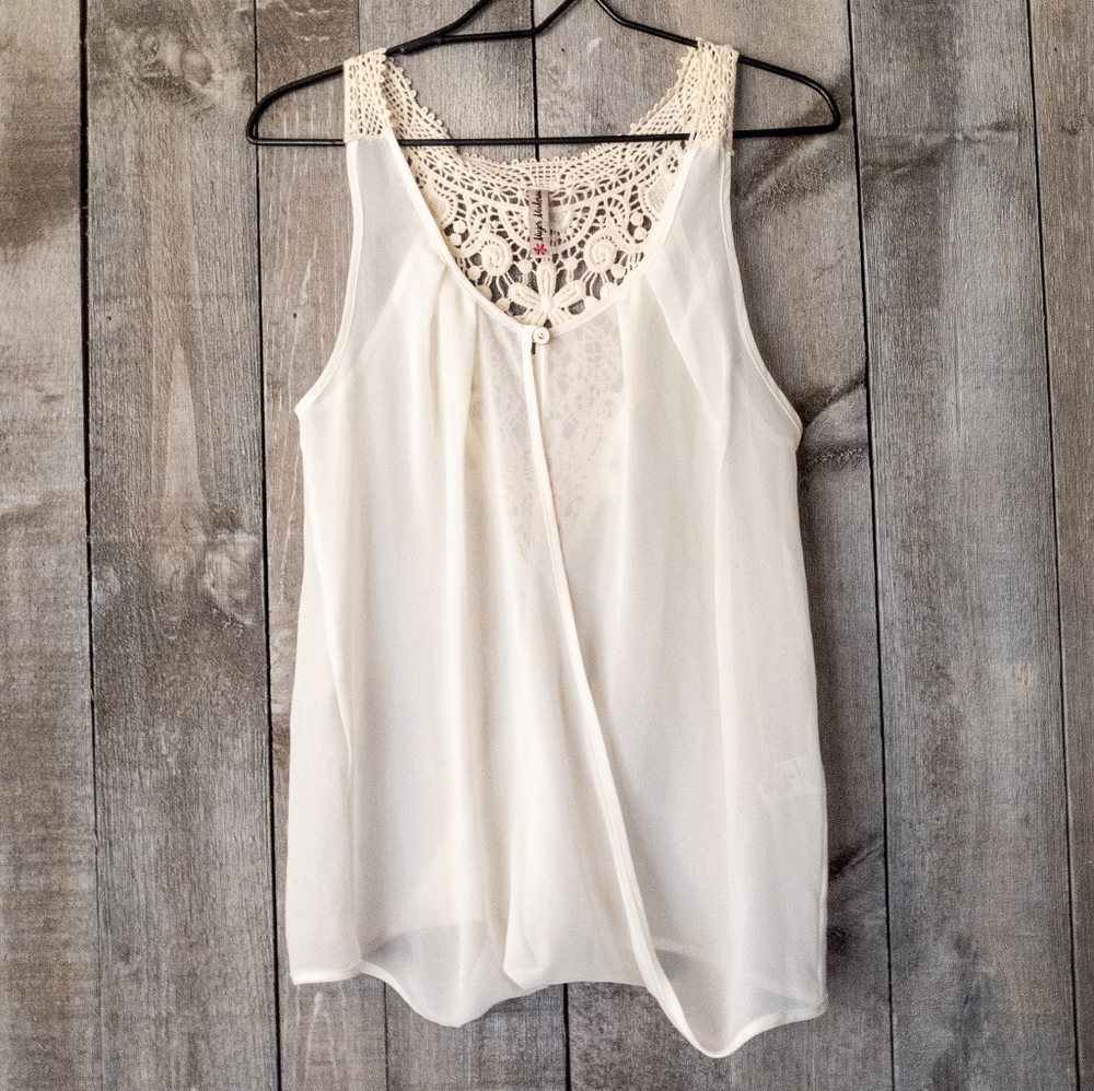 Draped Sheer Sleeveless Blouse with Lace Detail